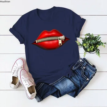 

Houthion Women's T-shirt The New Fashion Temperament Street Hipster Lip Print Large Size Round Neck Short Sleeve Women's T-shirt