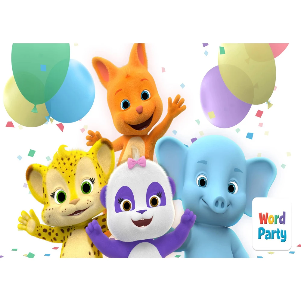 Word Party Photo Background White Backdrop Blue Elephant Yellow Tiger Colorful Balloons Decoration for Kids Birthday Photocallr