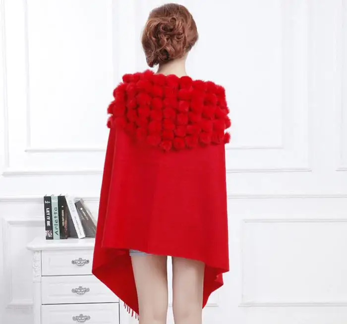 Women's Rabbit Fur Winter Pompom Shawl Scarf Detailed Look