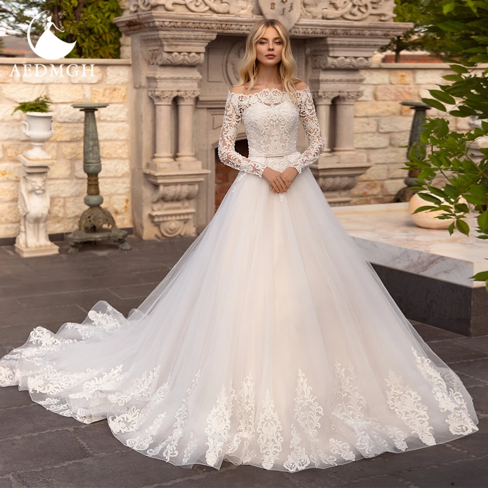 Aedmgh vestidos De Novia clásicos De corte en A, Vestido De manga larga con cuello De barco, Apliques encaje, elegante, 2022|Vestidos de novia| - AliExpress