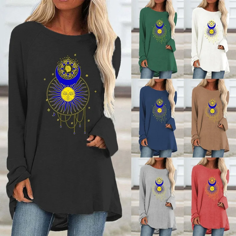 

Autumn and Winter Fashion Printed Graphic Tee Women Long Sleeve Plus Size Loose Casual Shirt Round Neck Pullover