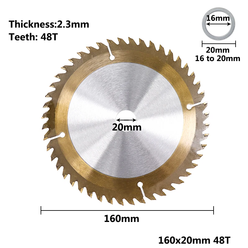 160x20x2.3x48T 1 шт. TCT 160 мм 165 мм 185 мм пильный диск по дереву TiCN покрытием пильный диск 24/40/48/80T режущий диск карбида пила режущий диск - Цвет: 160x20x2.3x48T