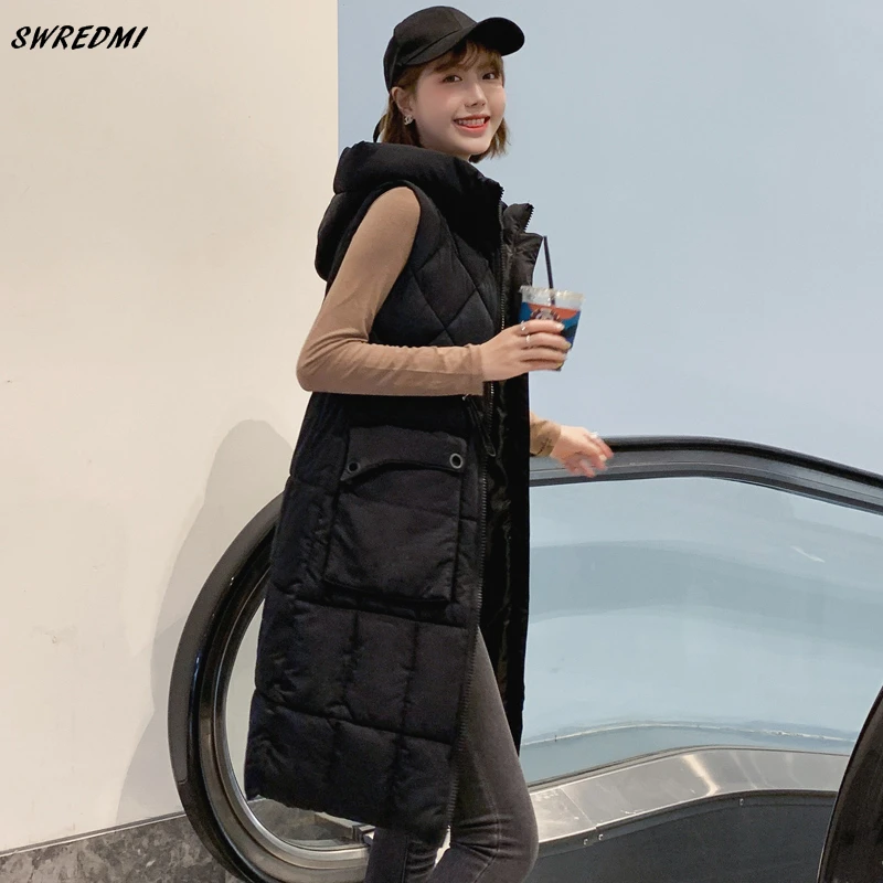 SWREDMI Vest Women Coat Long Slim Drawstring Waistcoat Overcoat Sleeveless Female Jacket Down Cotton Padded Warm Vest Hooded