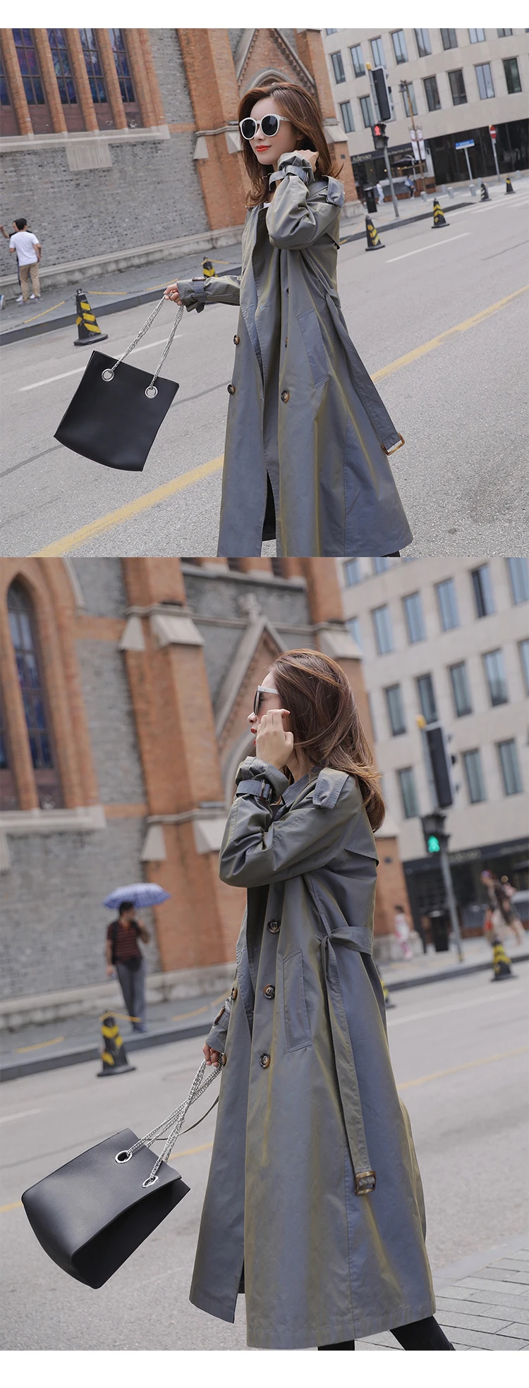 British Style Victorian Trench Coat Waterproof Chameleon Cotton Long Femme Double-Breasted Lady Duster Coat Blue Pink