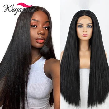 

Kryssma Natural Black Wig Long Straight Synthetic Lace Front Wigs With Middle Part Heat Resistant Fiber For Women Cosplay Wigs