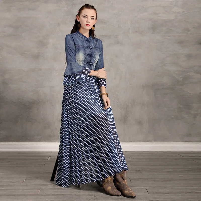 Gratis Verzending 2019 Nieuwe Mode Flare Half Mouw Denim En Chiffon Patchwork Jurken Voor Vrouwen Lange Maxi S-XL Jurken Met riem Gratis Verzending 2019 Nieuwe Mode Flare Half Mouw Denim En Chiffon Patchwork Jurken Voor Vrouwen Lange Maxi S-XL Jurken Met riem