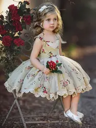 Гофрированный короткий рукав для девочек; платье принцессы с цветочным рисунком