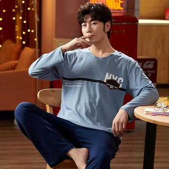 

Men Pajamas Sets With Pocket Cotton Pyjamas Sleepwear Nightwear V-Neck Long Sleeve Striped Casual