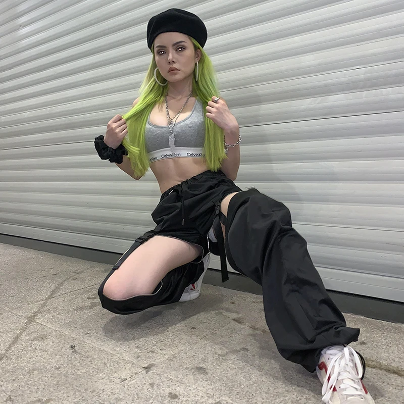 HEYounGIRL Harajuku Свободные черные женские брюки-Карго повседневные Хип-хоп брюки капри мешковатые свитшоты брюки с пряжкой уличная одежда