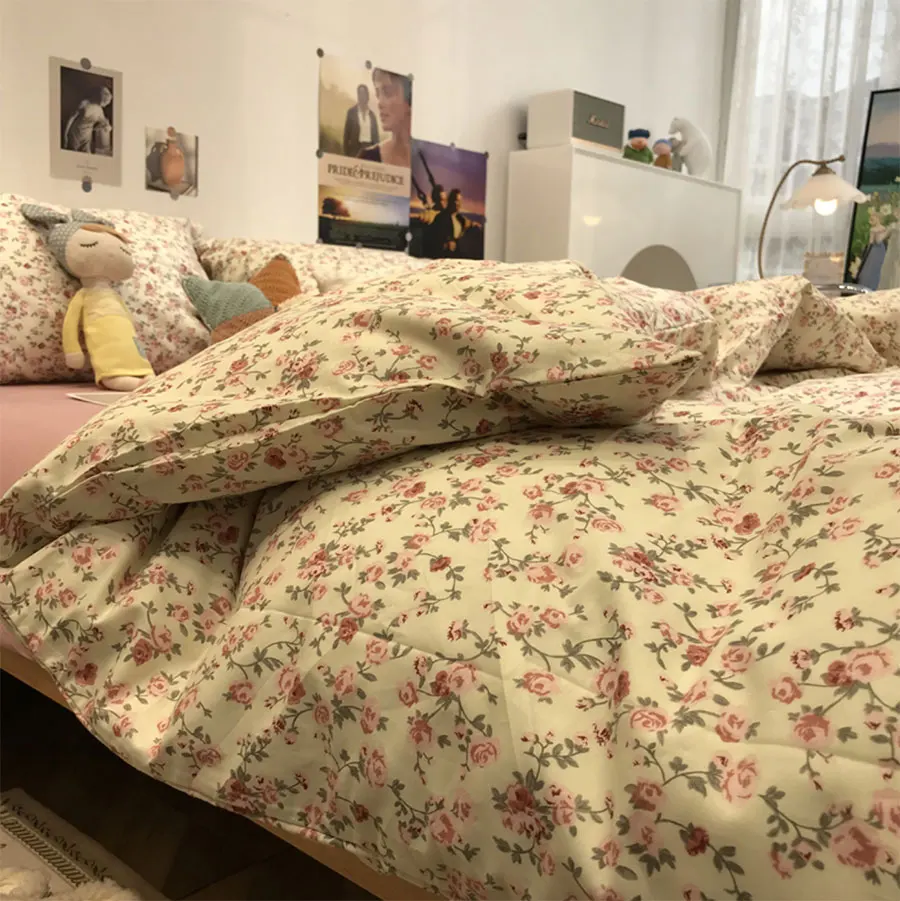 

Комплект постельного белья для девушек с пасторальным розовым цветком, романтичный элегантный хлопковый двойной полный Королевский домашний текстиль, простыня, наволочка, пододеяльник