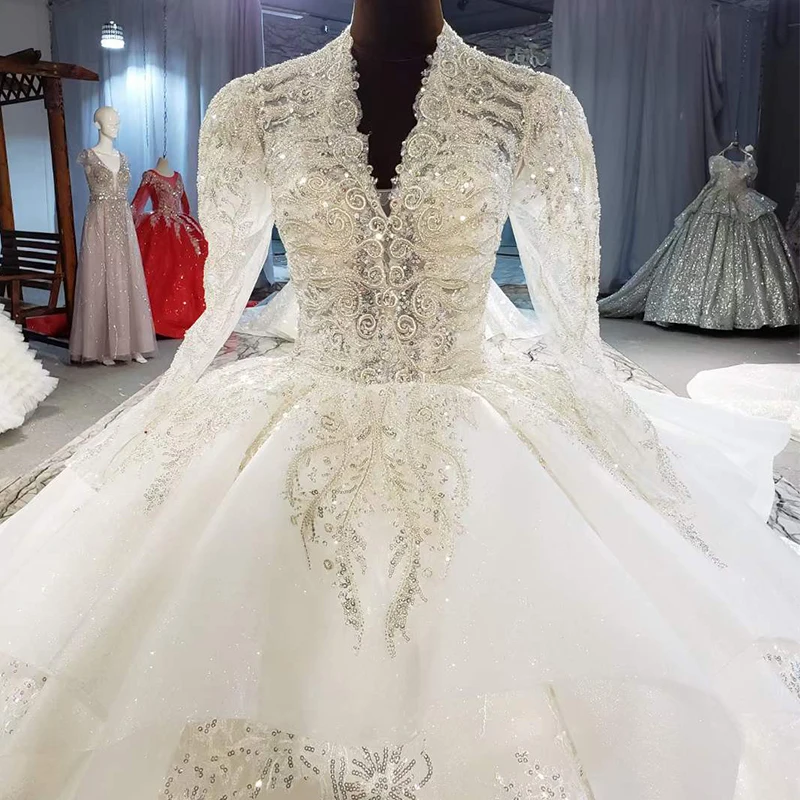 HTL2021 Luxurious Sexy V-Neck Crystal Beading Sequined Wedding Dress 2021 For Woman Ball Gowns Long Sleeve 5