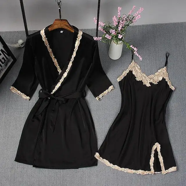 Women Pink Bride Bridesmaid Wedding Bathrobe Sexy Mini Kimono Bath Gown 2PCS Robe Suit Soft Sleepwear Casual Intimate Lingerie - Цвет: Black