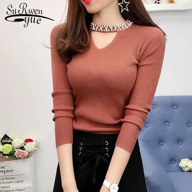 V-neck Knitted Sweater Solid Women 2021 Autumn Long Sleeve Hollow Korean Pullover Thin Slim Beading Bottoming Coat 10610 | Женская