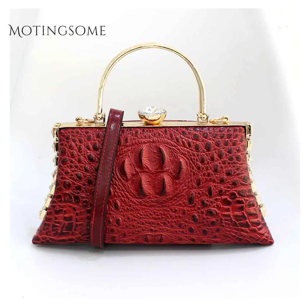 

Genuine Leather Women Evening Bag Bag Diamond Shiny Metal Handle Crocodile Concave Convex Texture Fashion Bags Brand Design 2019