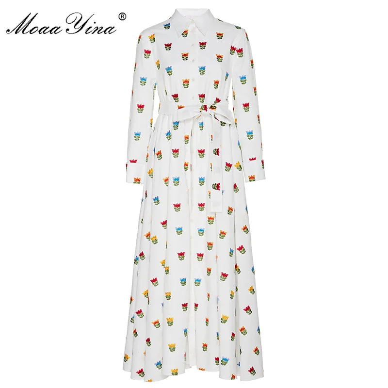 

MoaaYina Fashion Designer dress Spring Autumn Women's Dress 3/4 sleeve Floral-Print Lace-Up Elegant Dresses