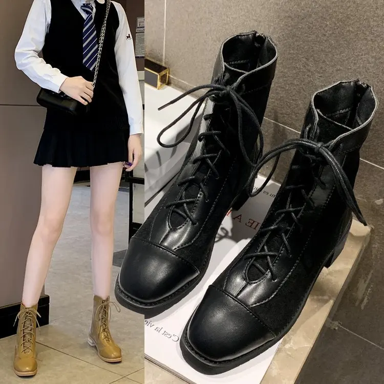 

Classics Fashion Womens Boots Ankle Short Solid Square Toe Vintage Boots Med Concise Leisure Winter Big Size Shoes