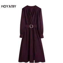 MOYATIIY – robe Midi avec ceinture pour femmes, élégante, rouge vin, taille élastique, plissée, col en v, pour mariage