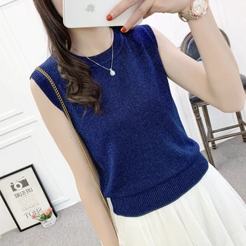 

Bright Silk Knitted Vests Summer Tops Sleeveless Women Loose Tank 2020 Knitting O-neck Wild Clothes Casual Lurex Vest Female New