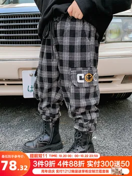 

Boys' Fleece Lined Padded Warm Keeping Plaid Pants 2020 New Winter Medium and Big Children's Korean Casual Pants Winter Clothing