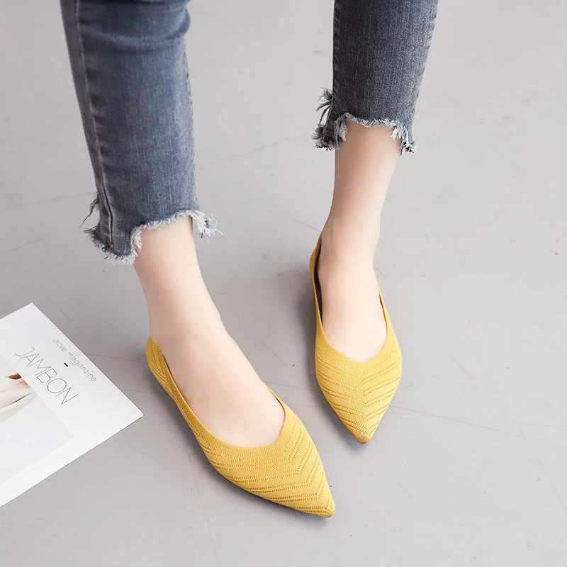 New Pointed Peas Shoes Women Flat Shoes Knit Moccasin Mixed Color Ballet Woman Soft Single Shoes Breathable Mujer Zapatos De 40