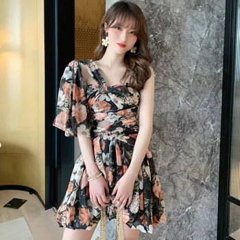 

Summer Print Elegant Sexy Party Dresses One-Shoulder Strapless Pleated Dress Women Vintage Bodycon Ladies Beach Dress Vestidos