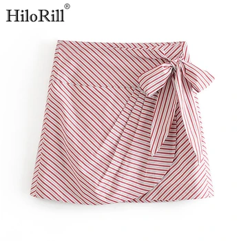 

Chic Bow Tie Striped Skirt Women High Waist Sweet Mini Skirts Female Back Zipper Casual Short Skirt Faldas Mujer Moda 2020