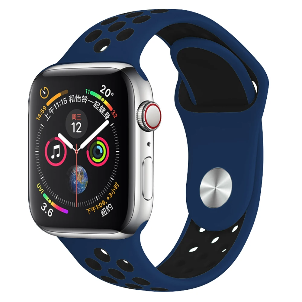 Blue Black 25 Силиконовый спортивный ремешок для наручных часов Apple watch, ремешок 38 мм 40 мм 42 44 мм наручные браслет, ремешок для наручных часов iWatch серии 4/3/2/1 женские полос - Цвет ремешка: Blue Black 25