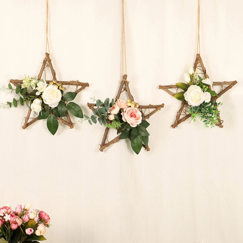 Star-Shaped Wooden Frame Artificial Flowers Garland Pendant Faux Floral Hanging Wreath For Wall Window Wedding Home Party Decor