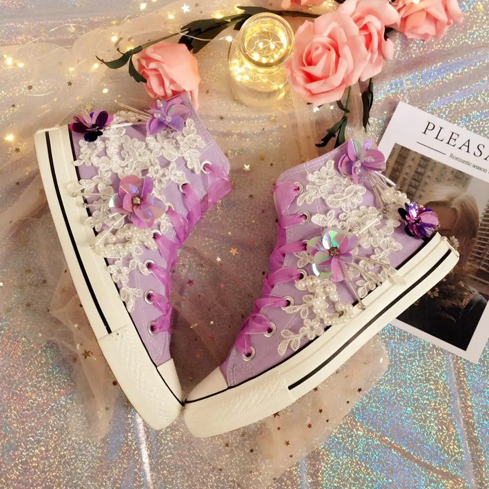 

Lace Flower Canvas Shoes Women High Tops Casual Shoes Pearls Bride Wedding Flats Ladies Trainers Female Sneakers Basket Femme