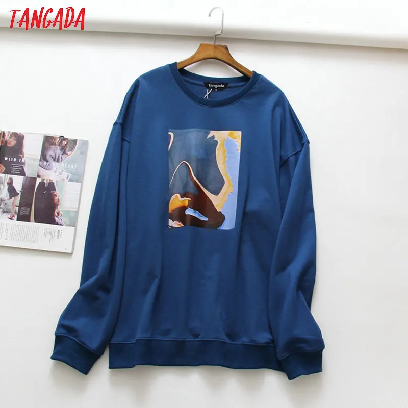 Tangada, женские толстовки большого размера с рисунком, с длинным рукавом, корейский стиль, пуловеры, Модные женские повседневные топы, XLJ22