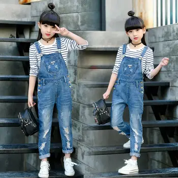 

Spring Kids Girsl Hole Ripped Jeans Pants Children Denim Bib Jumpsuit Overall Trousers Teenage Girls Loose Casual Leggings Q82