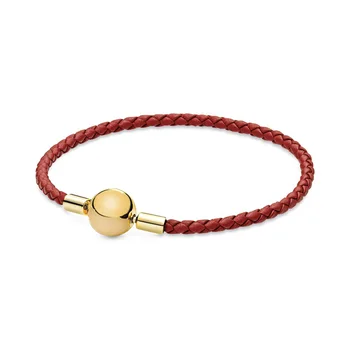 

925 Sterling Silver Gold Moments Red Leather Braided Bracelets For Women Fit Diy Beads Bracelets & Bangles Jewelry