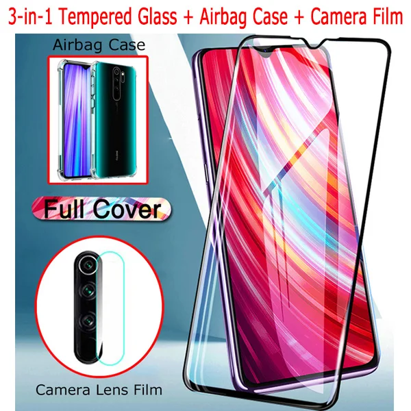 3-in-1 2 в 1 стекло+Airbag Case Xiaomi Redmi-Note-8-Pro стекло Redmi Note8 Pro защитное стекло Xiaomi-Redmi-Note8 Pro камера стекло редми ноут 8 защитное стекло на редми ноут 8 чехол ксиоми нот 8 про стекло Redmi Note 8 glass - Цвет: 3-in-1