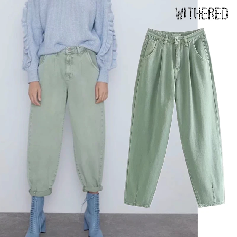 Tanie Zwiędły 2019 zima anglia vintage jednolite jeansy kobieta wysokiej talii luźne jeansy plisowane jeansy dla kobiet damskie dżinsy typu boyfriend