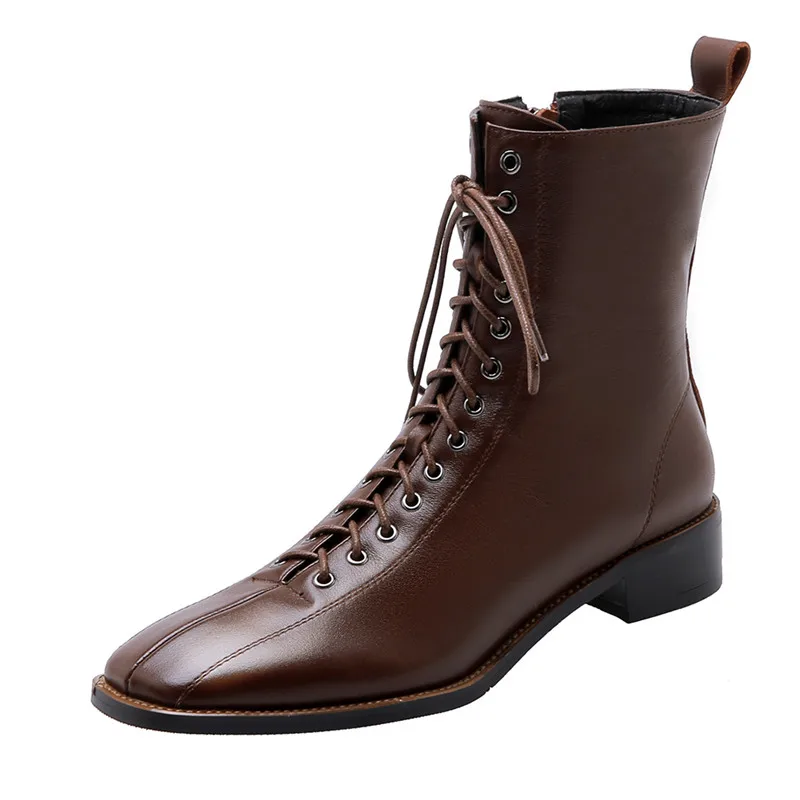 brown with fur Asumer/; Новое поступление; ботильоны; женская повседневная обувь из натуральной кожи на низком каблуке; женские полусапожки с перекрестной шнуровкой на молнии; сезон осень-зима - Цвет: brown with fur