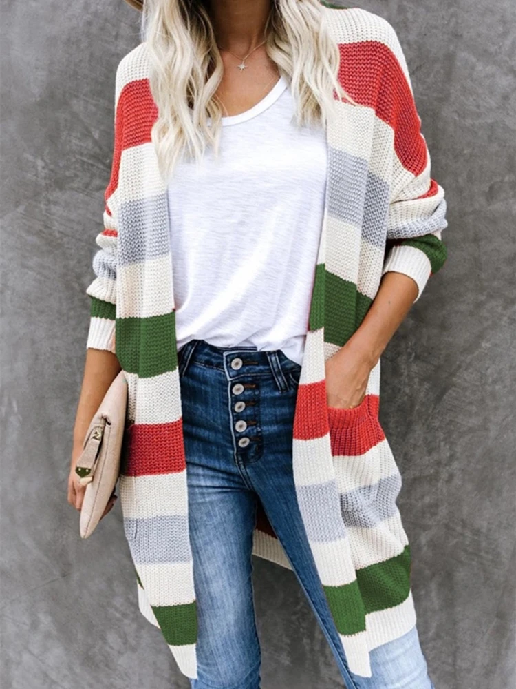 

Autumn Women Casual Sweater Long Sleeve Knitwear Cardigan 2020 Plus Size Loose Fashion Striped Knitted Sweaters Yellow Red Blue