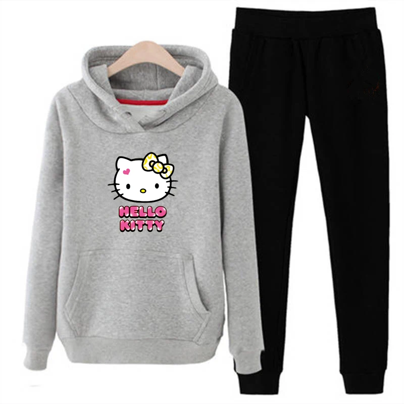 P84 hello-kitty плюс размер Женский комплект 2 шт. одежда толстовки Толстовка Брюки Спортивный Костюм Уличная повседневный костюм