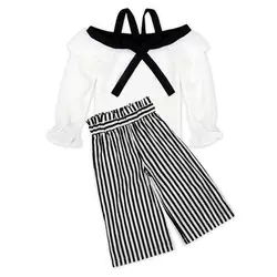 Комплект одежды из двух предметов для девочек без бретелек с шифоновым топ; полосатые штаны для девочек, одежда, летняя одежда M09