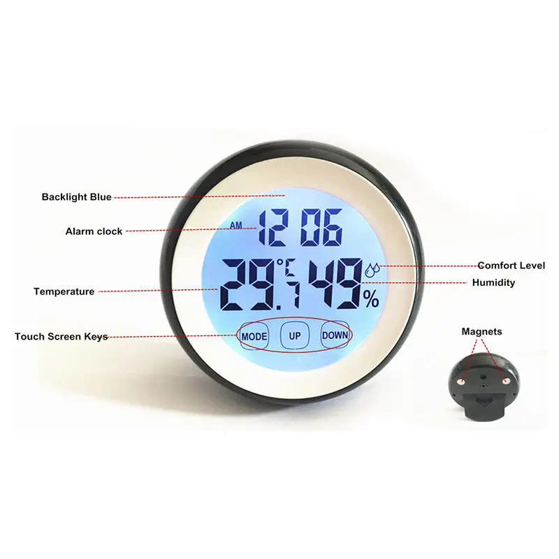 Digital Temperature Humidity Time Function Wall Clocks Backlight For Bedroom Without Batteries 90*90*26mm quartz clock