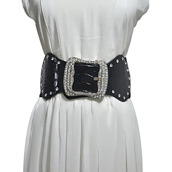 

Women Ultra Wide Rhinestone mosaic Belt Female Slim Black Elastic Body Style High Waist Dress Stretch Belts For Woman Waistband