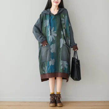 

Fashion 2020 new art long hooded hoodie large size bat sleeve old patchwork dress
