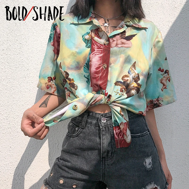 Bold Shade Y2K Aestheic 90s Blouse Angle Printed Short Sleeve Button Front Satin Vintage Streetwear Shirts Autumn Summer Women