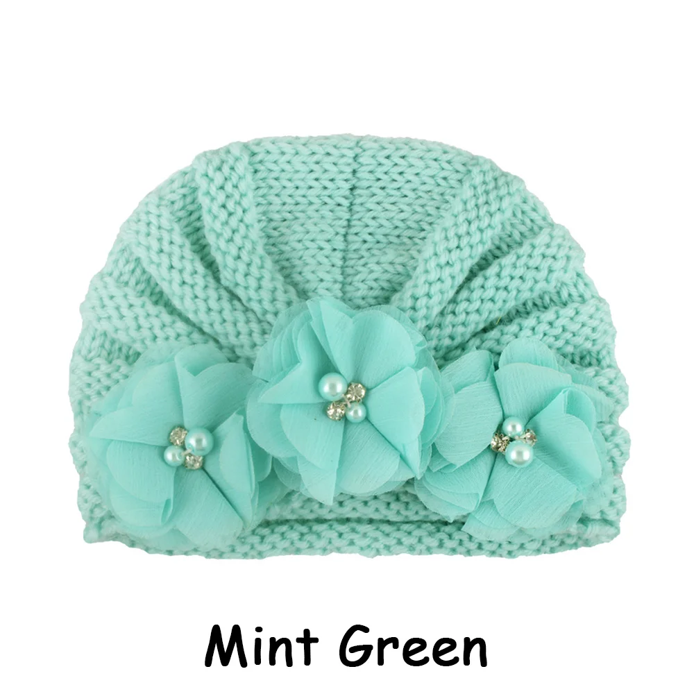mint green Шапка-тюрбан для новорожденных и детей ясельного возраста, шапочки для маленьких мальчиков, шапочки для девочек, Цветочная повязка с бантом, теплая вязаная шапка на зиму и осень, повязка на голову - Цвет: mint green