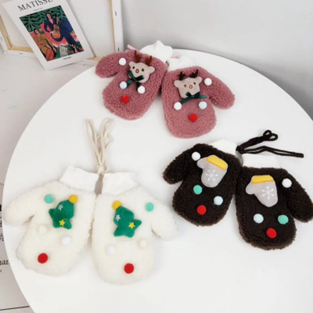 High Quality Children Kids Christmas Warm Fleece Knitted Gloves Printed Full Finger Gloves Support Wholesale Dropshipping