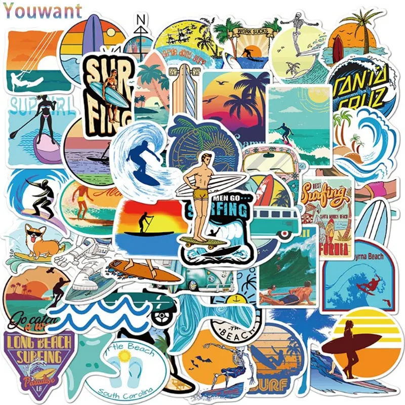

10/30/50PCS Pack Outdoor Surf Stickers Sports Tropical Beach Surfing Waterproof Stickers To DIY Surfboard Car Skateboard Sticker