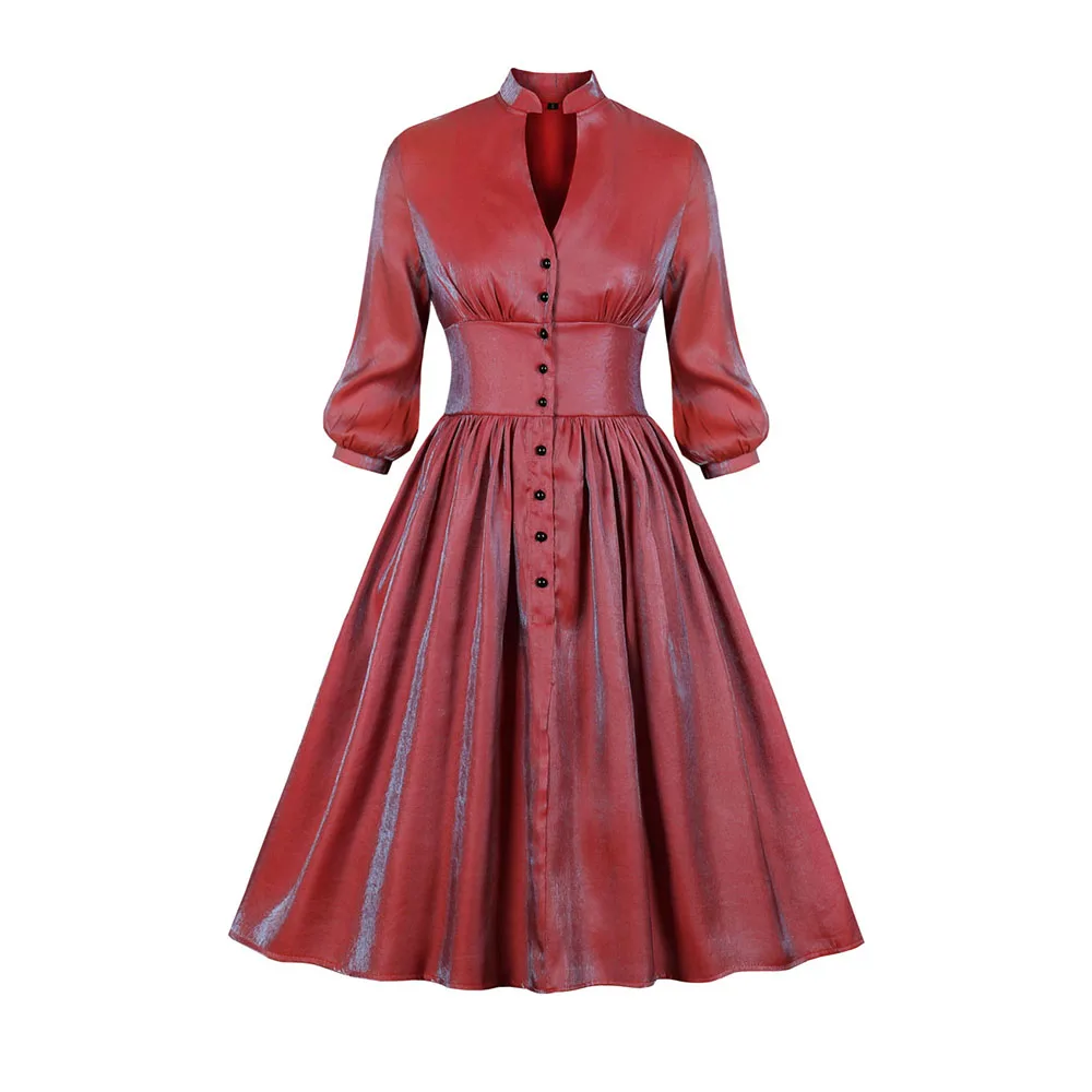 

Sisjuly Autumn New Elegant Pearlescent Deep V- Neck Swing Female Retro Dresses Red Gothic A-line Dresses Vintage Party Dresses