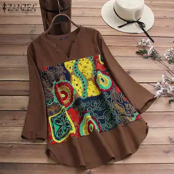 

Women Vintage V Neck Long Sleeve Shirts ZANZEA Autumn Floral Printed Blouse Casual Pacthwork Tops Robe Cotton Linen Blusas Mujer