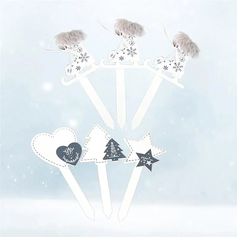 6pcs Wooden Sleigh Star Heart Cake Toppers Chrtistmas Cupcake Picks Decor New Year Home Xmas Party Supplies A35