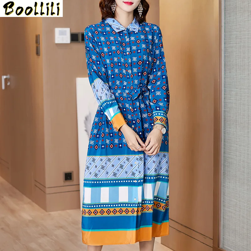 

Платье Boollili из натурального шелка, женское пляжное платье с принтом, платье миди на весну и осень, модное элегантное вечернее платье, винтажное женское платье