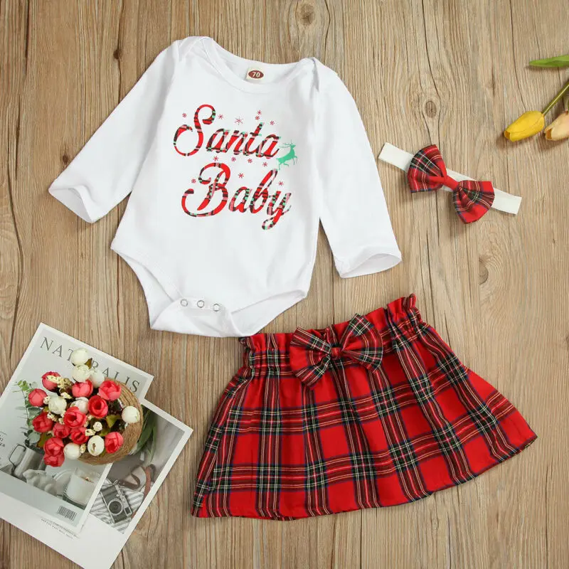 Комплект одежды для малышей, рождественские наряды для новорожденных девочек с Санта-Клаусом, боди с длинными рукавами, топы, юбка, повязка на голову, одежда